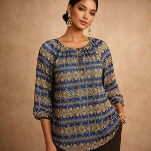 Fun 2 Fun Blue and Gold Patterned Blouse